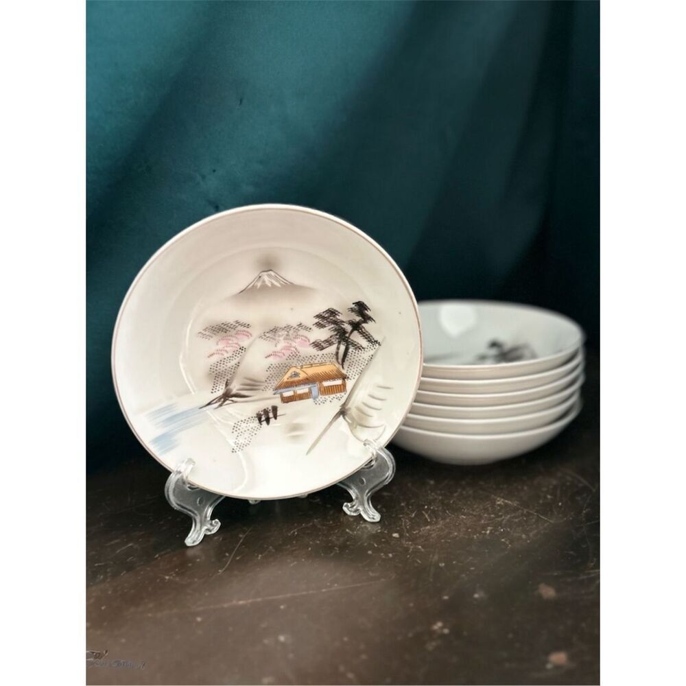 Kutani Porcelain Small Hand Painted Bowl Mt Fiji Village Scene Scene set of 7